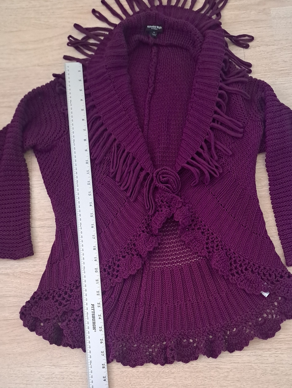 Citiknits Plum Purple Knit Ruffle Fringe Cardigan with Rose Detail 1X Boho - Picture 5 of 12